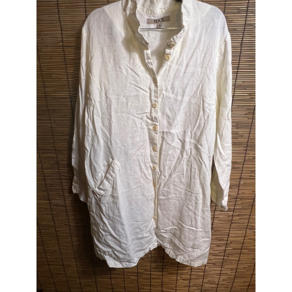 FLAX White 100% Linen Button Up Tunic Shirt Pockets Mandarin Collar Medium